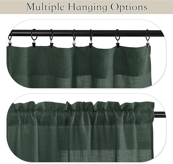 RYB HOME Cafe Curtains 24 inches Length, Linen Sheer Short Curtains for Small Window, Half Privacy Light Filetring Window Tier Valance for Kitchen Bathroom, W 26 x L 24, Olive Green, 2 Panels Set