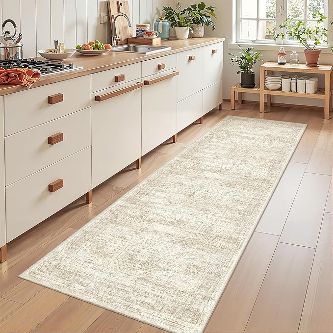 2x7 Runner Rug Non Slip, Thin Entryway Washable Rug for Entryway, Runners for Hallways, Low Pile Vintage Abstract Soft Rugs for Living Room, Kitchen, Bedroom(2'x7', Beige/Ivory)