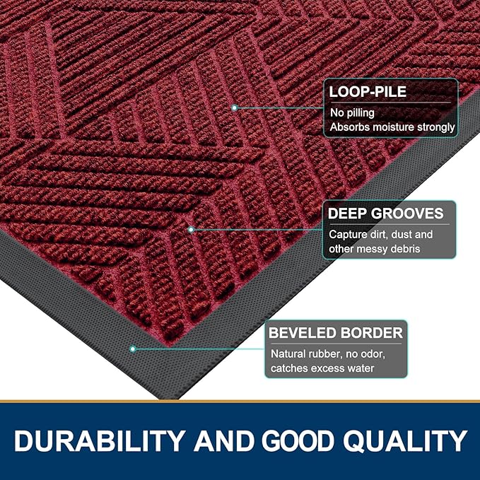 Smiry Front Door Mat Outside Entrance, Heavy Duty Sturdy Natural Rubber Doormat, Trap Dirt and Moisture, Easy Clean Low Profile Mats for Indoor Outdoor Entry, Irregular Triangle (29.5x17, Deep Red)