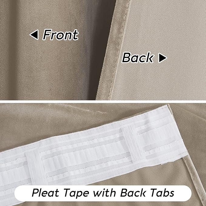 RYB HOME Camel Beige Velvet Curtains with Hook Tape, Thermal Insulated Privacy Protect Decorative Drapes for Home Theater, W 62 x L 84 inches, 2 Panels Set