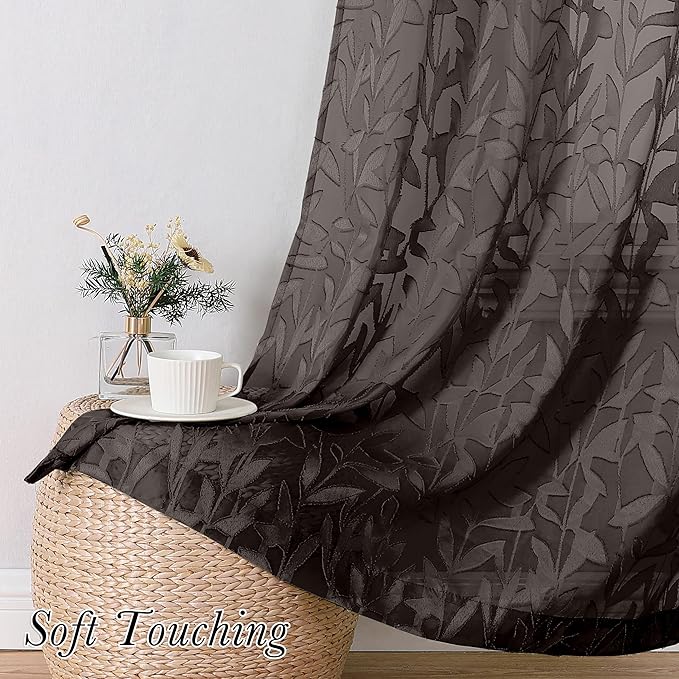 Lecloud Leia Clip Textured Leaf Chocolate Brown Sheer Curtain 63 Inch Length 2 Panels, Light Filtering Jacquard Voile Curtain with Dual Rod Pockets, Kitchen/Bedroom Window Drapes, 38x63 Inches