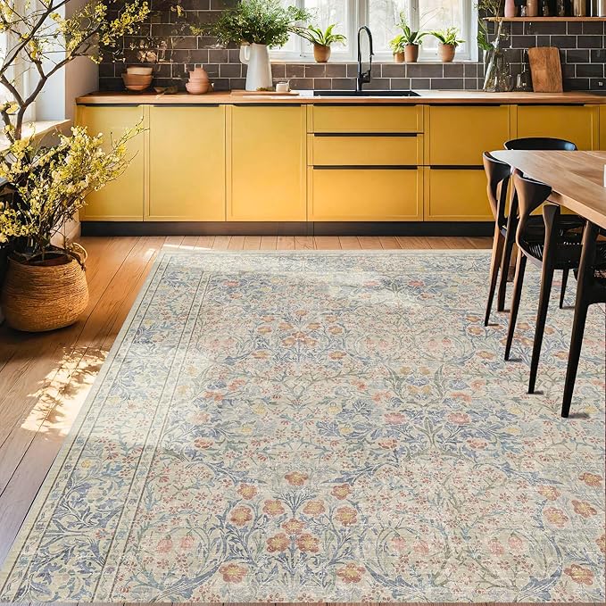 Hazo Haus Boho Beige Blue Living Room Rug 6x8 - Vintage Retro Floral Paste Neutral, Washable Low Pile Non-Slip Large Area Rugs for Dining Under Table, Bedroom
