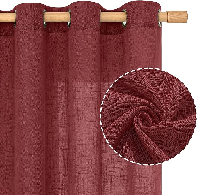 LAMIT Burgundy Red Sheer Linen Curtains 84 inch Length, Light Filtering Semi Sheer Panels Linen Textured Bronze Grommet Christmas Drapes for Living Room/Bedroom, 2 Panels, 52 x 84 Inch