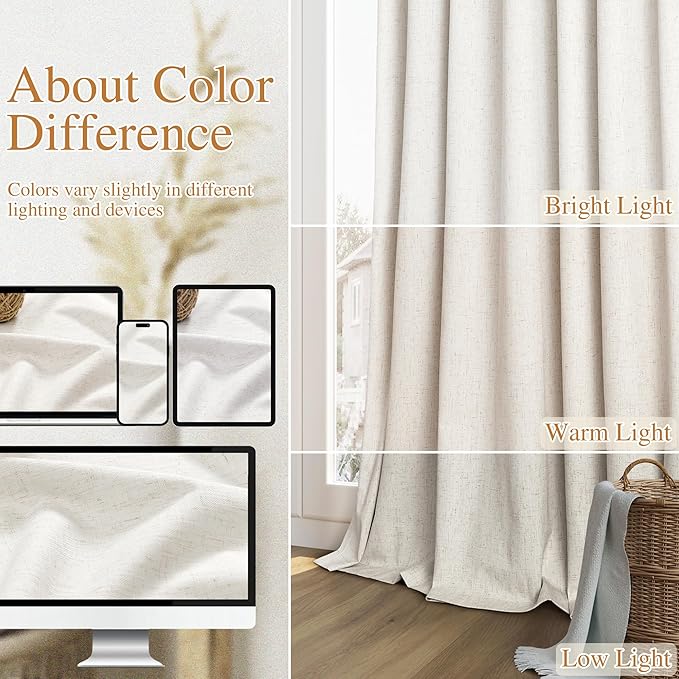 Beige White 100% Blackout Linen Curtains 102 Inch Length 2 Panels Set for Living Room Bedroom Back Tab Thermal Insulated Black Out Drapes Room Darkening Farmhouse Style for Bedroom Window Curtains