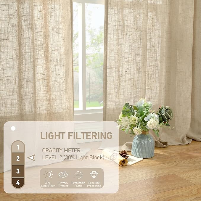 LAMIT Linen Semi Sheer Curtains 96 inches Long 2 Panels Set, Light Filtering Panels Back Tab and Rod Pocket Floor to Ceiling Curtains for Bedroom/Living Room, Brown, 52 x 96 Inch