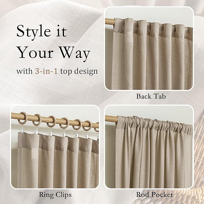 MYSKY HOME Patio Curtains for Sliding Door 90 inch Length 2 Panels Set, Living Room Curtains & Drapes Soft Farmhouse Window Treatments Back Tab Semi Sheer Draperies, 50" W x 90" L, Taupe