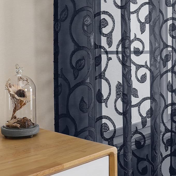 OWENIE Furman Sheer Curtains 54 Inch Length 2 Panels Set for Living Room Bedroom, Airy Jacquard Clip Short Curtains for Small Window, Rod Pocket Bathroom Window Curtain Each 42W inch 54L, Navy Blue