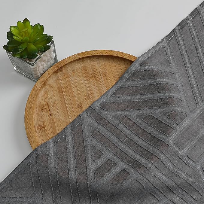 Simplebrand Sheer Charcoal Grey Kitchen Curtains 24 Inch Length Tier Curtains 2 Panels, Light Filtering Geometric Jacquard Clip Textured Semi Sheer Short Window Curtains for Bathroom, 30x24 inch
