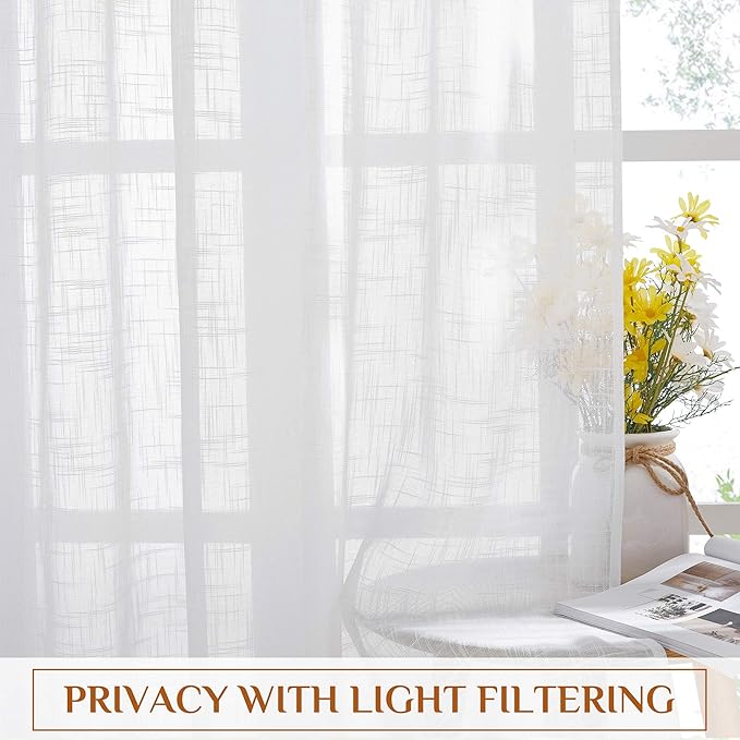 NICETOWN White Sheer Bathroom Curtains Window Treatments, Rod Pocket & Back Tab Semi Sheer Faux Linen Privacy with Light Filtering Drapes for Bedroom, W34 x L48, 2 Panels