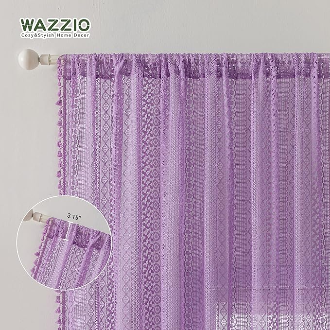 WAZZIO Boho Lace Curtains 84 Inches 2 Panel,Light Filtering Privacy Tassel & Geometry Crochet Semi Sheer Curtain Drapes for Bedroom Living Dining Room,Rod Pocket & Tassel,Lavender Purple