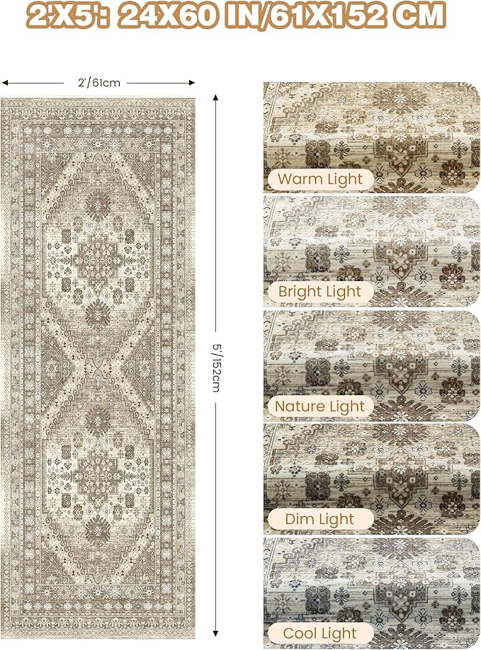 2x5 Rug Runner Washable for Entryway, Soft Bathroom Rugs with Non-Slip Backing,Vintage Low Pile Stair Runner, Small Kitchen Carpet for Hallways, Laundry Room(Brown,2'x5')