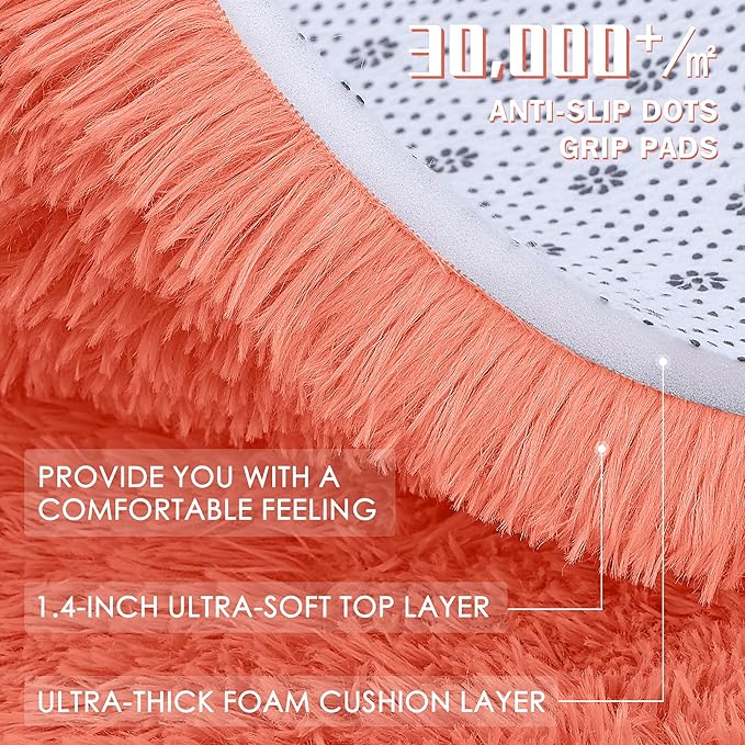 OLANLY Coral Red Round Rugs for Bedroom - Machine Washable, 8 ft Circle Area Rugs for Living Room, Soft and Fluffy Shaggy Carpet for Teen Girl and Boys, Nursery Rooms, Dorms, Home Decor Aesthetic