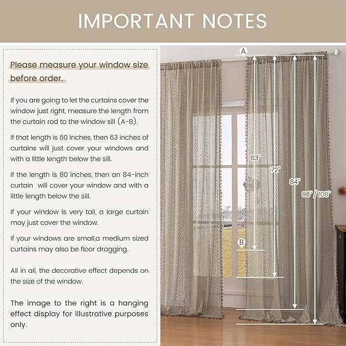 WAZZIO Boho Lace Curtains 63 Inches 2 Panel,Light Filtering Privacy Tassel & Geometry Crochet Semi Sheer Curtain Drapes for Bedroom Living Dining Room,Rod Pocket & Tassel,Earthy Color Taupe