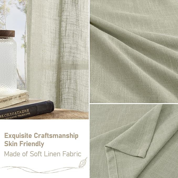 LAMIT Sage Grey Linen Curtains 72 Inch for Living Room 2 Panels, Linen Textured Light Filtering Semi Sheer Bronze Grommet Privacy Panels for Bedroom/Farmhouse, 52 x 72 Inch