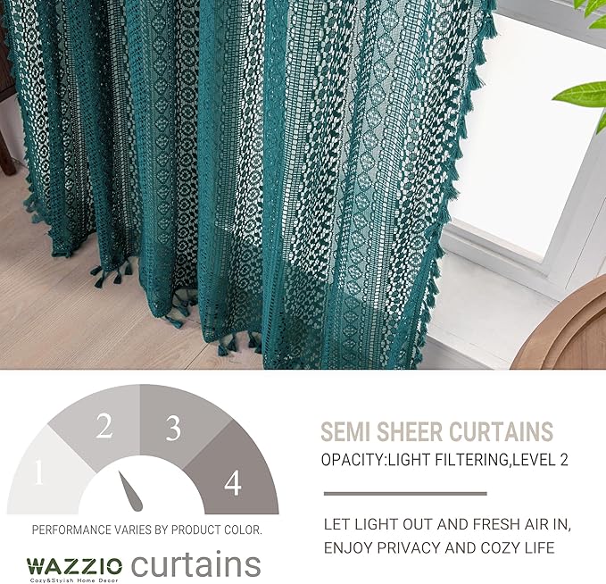 WAZZIO Boho Lace Curtains 45 Inches 2 Panel,Light Filtering Privacy Tassel & Geometry Crochet Semi Sheer Curtain Drapes for Bedroom Living Dining Room,Rod Pocket & Tassel,Coastal Style,Teal