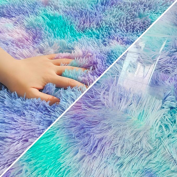 Tie-Dye Purple Rainbow Fluffy Rug for Bedroom 4x6ft Soft Shag Area Rug Mat Bedside Throw Rug for Living Room Kids Room Boys Teens Nursery Baby Dorm Office Home Decor Carpets
