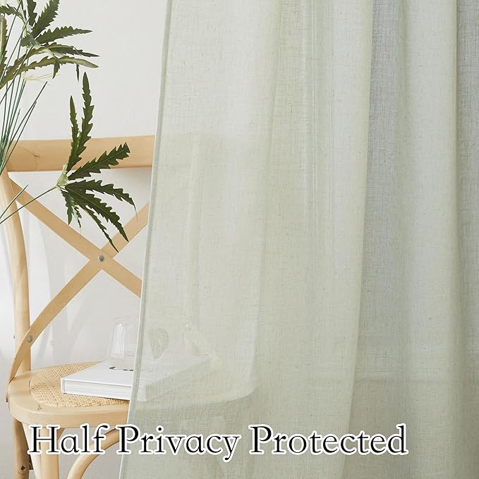RYB HOME Flax Linen Curtains for Living Room Bedroom, Light Filtering Airy Lightweight Privacy Protected Decor for Sliding Glass Door Home Office, W 52 x L 90 inch, 2 Pcs, Sage Green