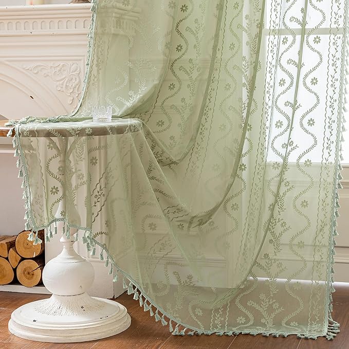 WAZZIO Boho Lace Curtains 2 Panels 63 Inch -Vintage Victorian Sheer Panel Drape French Country Floral Pattern & Tassel Light Filtering Privacy for Bedroom Dining Living Room,Light Sage Green,W52x L63