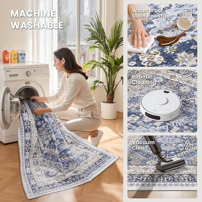 zesthome Washable Runner Rug 2.5x16 - Stain Resistant Entryway Rug,Ultra-Thin Kitchen Rugs, Anti Slip Backing Runner Rugs for Entrance Laundry Room Indoor Hallway (Blue/Beige,2.5'x16')