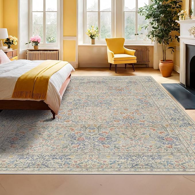 Washable Light Blue Non Slip Bedroom Rug, 8x12 Large Area Rug for Living Room, Dining Room Under Table, Low Pile & Soft Stain Resistant Carpet - Forset Floral Design