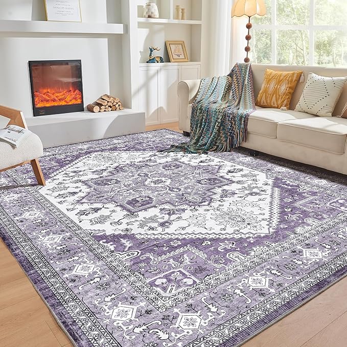 OPPODREAM Soft Area Rugs 4x6, Low-Pile Washable Rugs 4x6 with Non Slip Backing, Faux Cashmere 4 x 6 Throw Carpet, Purple