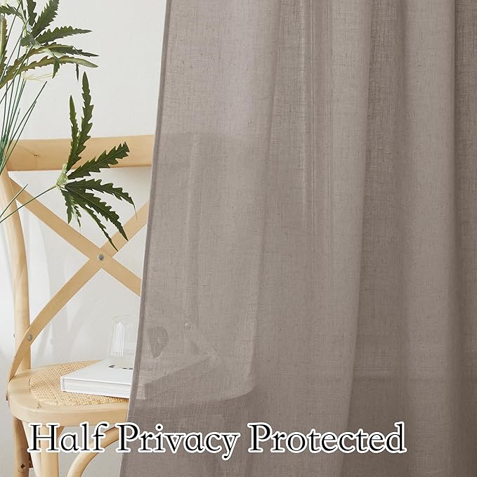 RYB HOME Linen Texture Sheer Curtains 90 inches, Rustic Style Solid Semi Sheer Half Privacy Drapes for Farmhouse Dorm Office Dining, Birch Brown, W 52 x L 90 inches, Set of 2