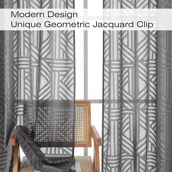 Simplebrand Grey Semi Sheer Curtains 96 Inches Long 2 Panels, Light Filtering Geometric Jacquard Clip Textured Sheer Curtains for Living Room，Modern Elegant Window Curtains Drapes，42x96 inch