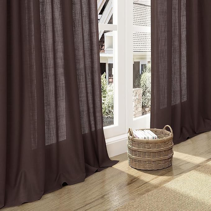 Nanspring Coffee Linen Curtains for Living Room Back Tab Rod Pocket Semi Sheer Curtain 63 Inches Long 2 Panel Set Boho Light Filtering Neutral Farmhouse Lightweight Drapes for Bedroom 52x63