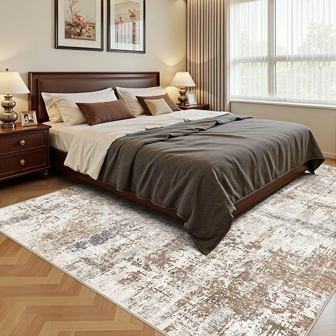 UERMEI Area Rug Living Room Rugs - Washable Neutral Modern Abstract Soft Thin Rug Indoor Floor No Slip Rug Carpet for Bedroom Under Dining Table Home Office Decor - Brown/Grey/Red - 10x12