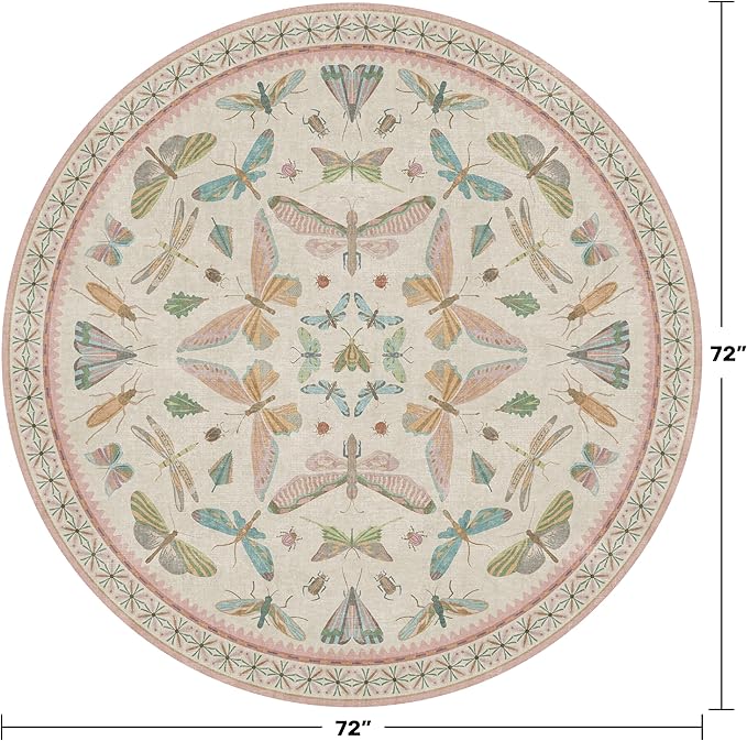 Pink Cute Butterfly 6ft Round Soft Rugs for Girls Bedroom Beside Bed - Non Skid Rug Low Pile Washable Living Room Rugs, Fun Insect Carpet for Playroom, Reading Corner, Low Pile & Soft