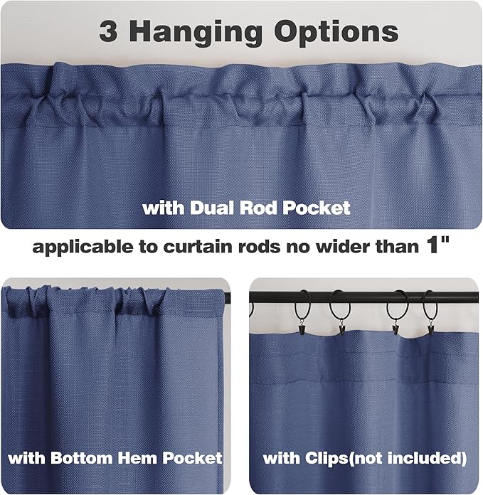 Chyhomenyc Blue Short Curtain Valance for Windows, Faux Linen Textured Half Window Curtains, Burlap Solid Topper Small Curtain Valance for Bathroom Laundry Basement, 60Wx24L Inch, 1 Piece