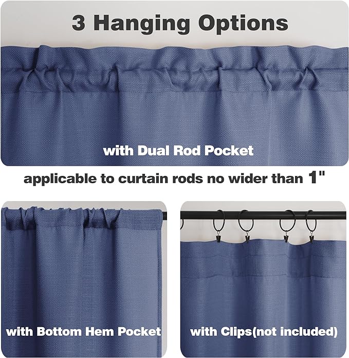Chyhomenyc Blue Short Curtain Valance for Windows, Faux Linen Textured Half Window Curtains, Burlap Solid Small Curtain for Bathroom Laundry Basement Valance, 60Wx22L Inch, 1 Piece