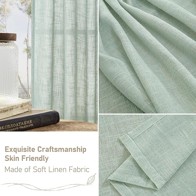 LAMIT Semi Sheer Linen Curtains 54 Inch Length 2 Panels, Light Sage Light Filtering Panels Back Tab and Rod Pocket Neutral Drapes for Kitchen/Window/Dining Room, 52 x 54 Inch