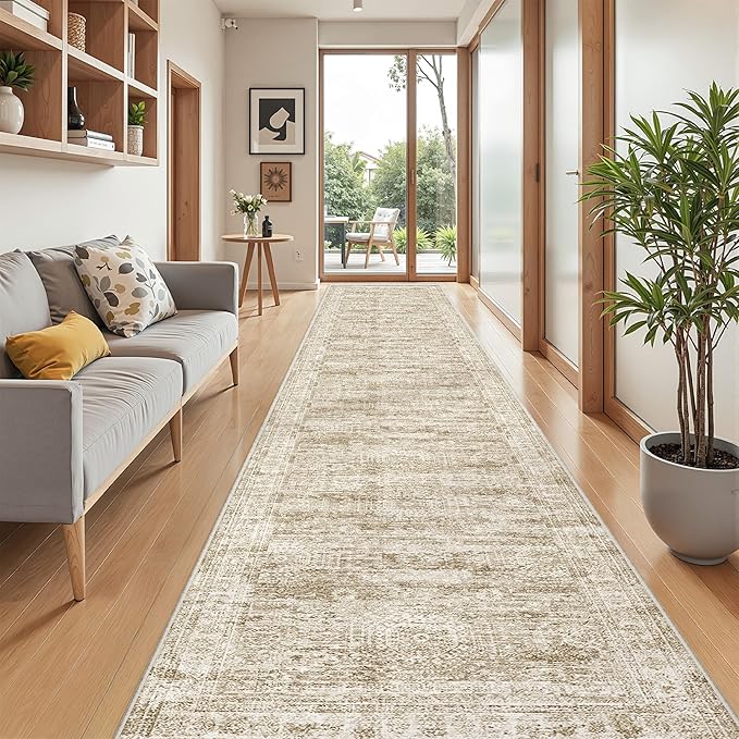Washable Runner Rug 2.5x16, Non-Slip Long Hallway Runner for Entryway, Soft Vintage Kitchen Mats for Floor, Abstract Dining Room, Bedroom, Living Room Rugs(2.5'x16', Brown/Ivory)