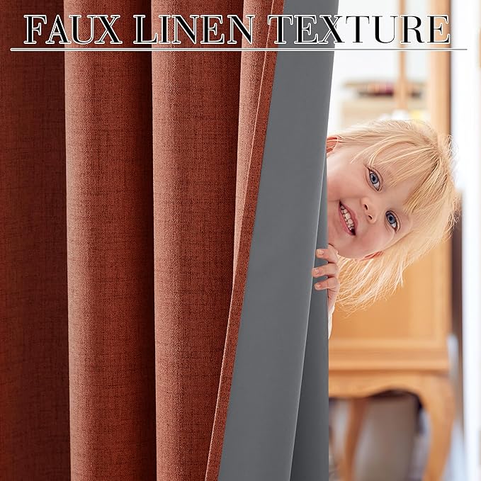 RYB HOME 100% Blackout Linen Textured Curtains 84 inches Long, Insulating Privacy Energy Saving for Bedroom Living Room Window Office Theater Dining Nursery, W 52 x L 84 in, Terracotta, 2 Panels