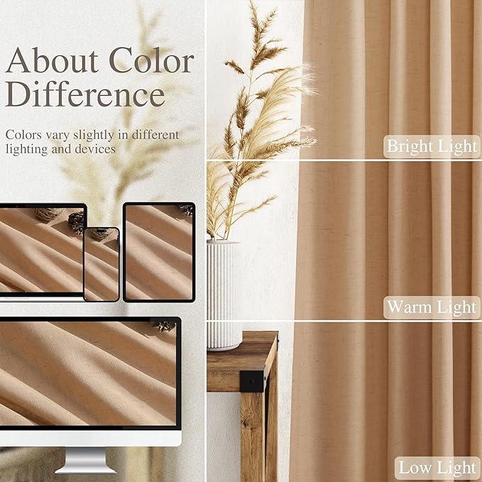 Nanspring Camel Linen Semi Sheer Curtains 72 Inches Long 2 Panels Set for Bedroom Rod Pocket Back Tab Light Filtering Privacy Drapes Cotton Textured Farmhouse Living Room Curtain 52X72 Inches