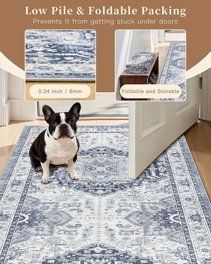 Madane Washable Area Rug 2x3, Small Entryway Rug Non-Slip Vintage Door Mat Indoor Entrance, Low Pile Floor Carpet for Inside Front Door Bedroom Kitchen Entry Laundry (2'x3', Navy/White)
