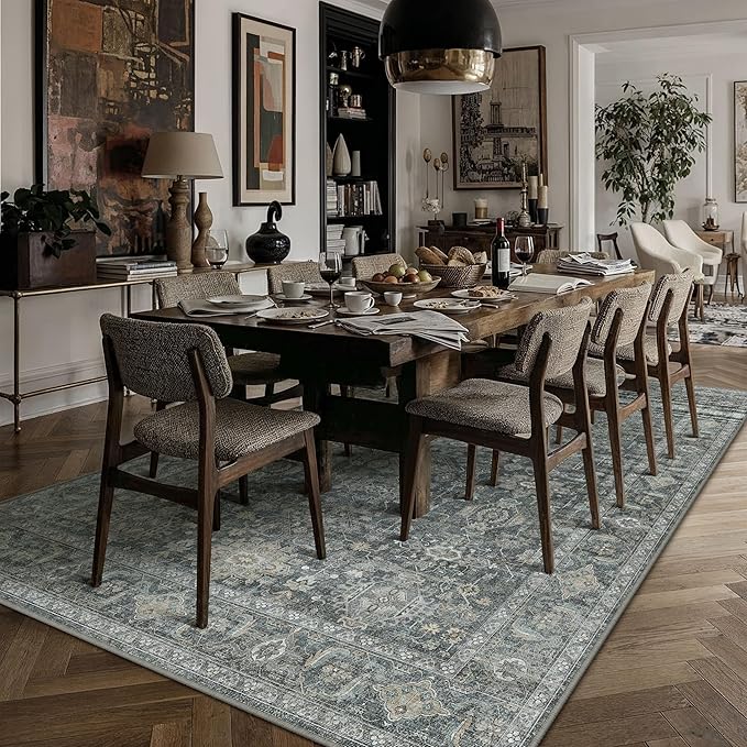 8x10 Washable Area Rug for Living Room Bedroom Vintage Black Grey Non Slip Carpet Traditional Retro Soft Low Pile Large Throw Rug for Dining Room Kitchen Office Indoor
