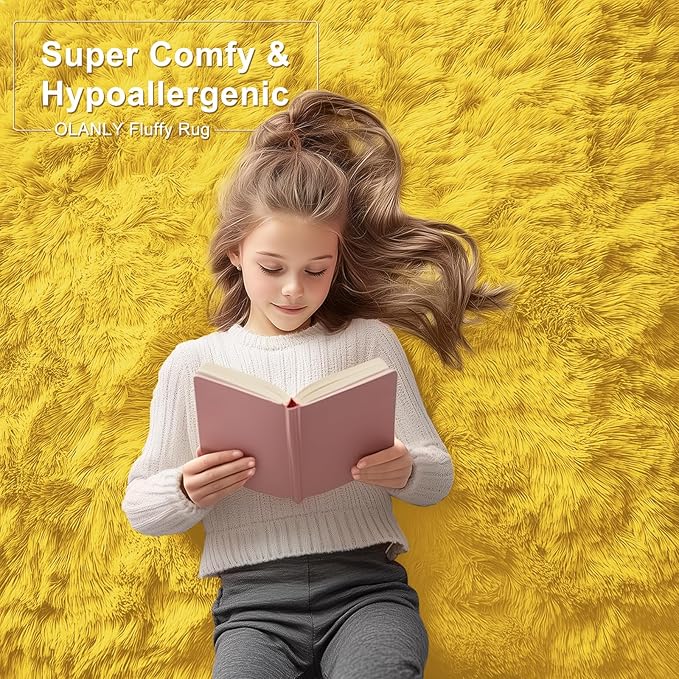 OLANLY Area Rugs for Living Room Bedroom, Machine Washable 4x5.9 ft Soft Fluffy Shaggy Bedside Rug, Indoor Floor Carpet for Kids Girls and Boys, Dorms, Nursery Rooms, Home Decor Aesthetic, Yellow