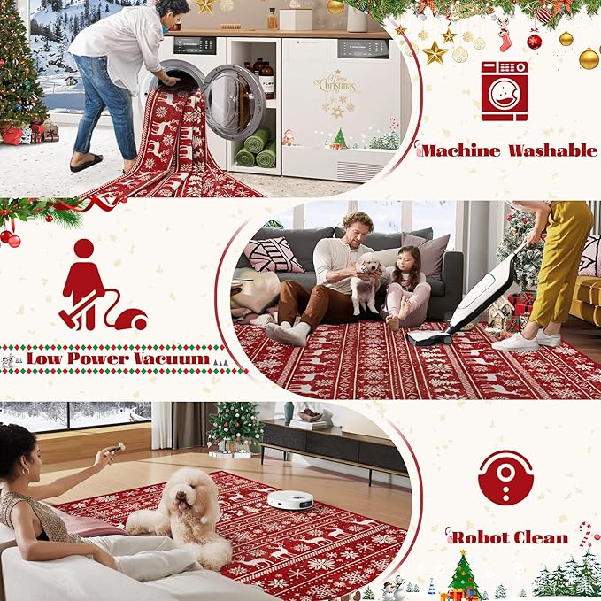 Christmas Rug 8x10 Washable Rugs, Boho Christmas Tree Snowflake Rug Non-Slip Soft Low Pile Non Shedding Indoor Holiday Carpet for Living Room Bedroom Dining Room Home Office (XmasRed, 8'x10')