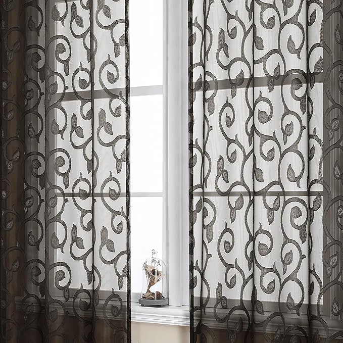 OWENIE Furman Chocolate Sheer Curtains 63 inch Length for Bedroom Living Room 2 Panels Set, Light Filtering Sheer Curtain with Elegant Clip Jacquard, Rod Pocket Window Treatments, 2 Pcs = 80" Width