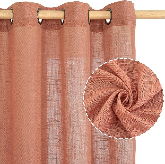 LAMIT Small Window Linen Curtains 36 inches Long, Light Filtering Linen Textured Bronze Grommet Soft Semi Sheer Drapes for Half Windows/Bathroom, 2 Panels, Terracotta, 34 x 36 Inch