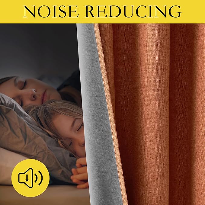 NICETOWN 100% Absolutely Blackout Linen Curtains with Thermal Insulated Liner, Terracotta, 52" Wide, 2 Panels, 95 inches Long Drapes, Grommet Retro Linen Curtains Vertical Drapes Privacy for Bedroom