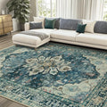 Area Rugs 8'x10' Washable Non-Slip, Floral Vintage Distress Print Pattern Medallion Carpet for Living Room Bedroom Dining Room, Dark Blue Vintage
