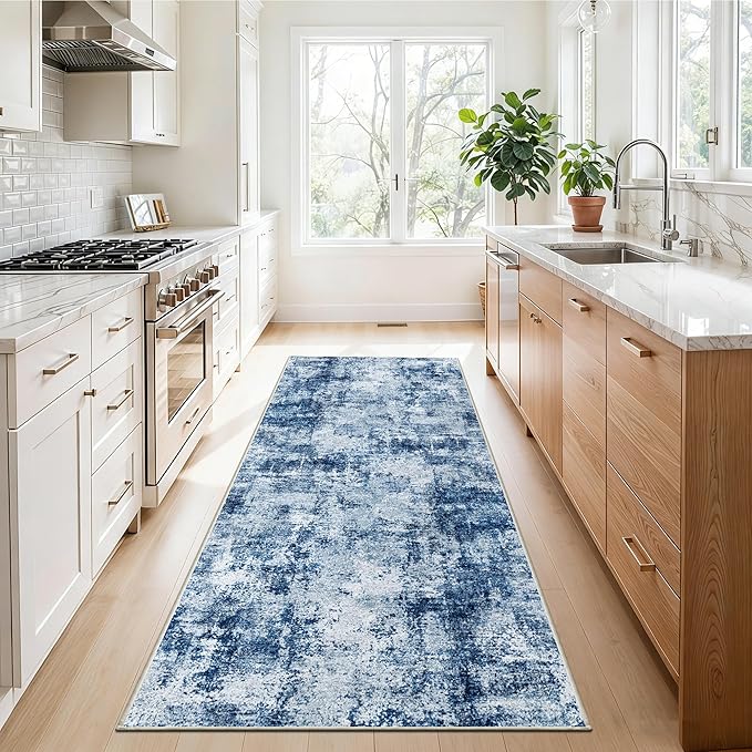 Hallway Runner Rug 2x8 Washable: Entryway Runners Rugs Non Slip Easy-to-Clean - Soft Living Room Bedroom Carpet - Thin Low Pile Printed Floor Mat for Dining Room Blue