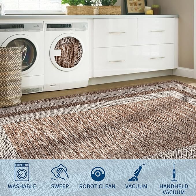 GarveeHome Area Rug 8x10 Modern Geometric Living Room Rug Non Slip, Thin Washable Carpet, Soft Non Shedding Foldable Floor Covering, Low Pile Thin Printed Mats for Bedroom Office, Brown