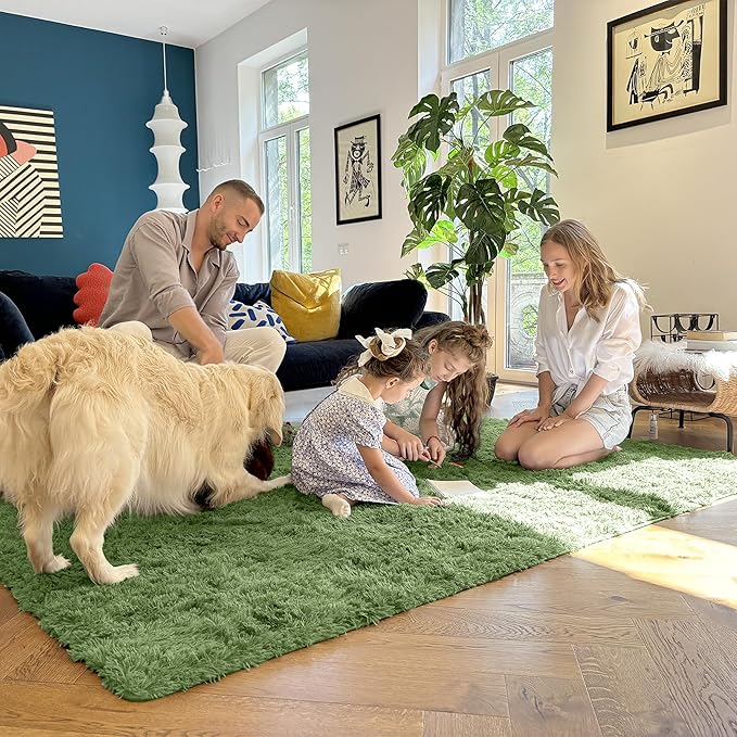 OLANLY 2x6 Machine Washable Runner Rugs for Hallway, Soft Fluffy Shaggy Bedside Rugs for Bedroom, Living Room, Indoor Floor Carpet for Kids Girls and Boys, Home Decor Aesthetic, Green