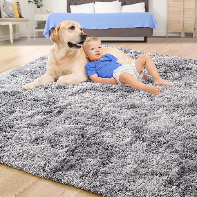 Tepook Soft Fluffy Rugs for Living Room, 5x8 Shaggy Area Rug for Bedroom, Modern Shag Rug Fuzzy Carpets for Kids, Plush Indoor Nursery Home Decor Rug with Non-Slip Bottom, Tie-dye Light Grey
