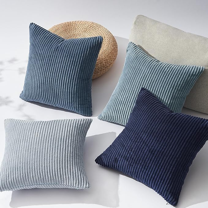 Topfinel Decorative Throw Pillow Covers Dark Blue Navy Series,Summer Corduroy Striped Toss Pillows for Couch,Patio,Balcony,Children Bedroom,Modern Fluffy Green Gradient Shams 20x20 Inch Set of 4