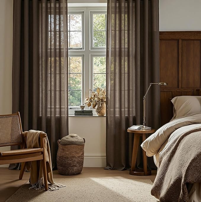 MYSKY HOME French Door Curtains for Closet Doorways, 72 Inches Long Dark Brown Semi Sheer Drapes Light Filtering Curtain Panels Elegant Look for Classroom/Guestroom Windows, 50" x 72", 2 PCs